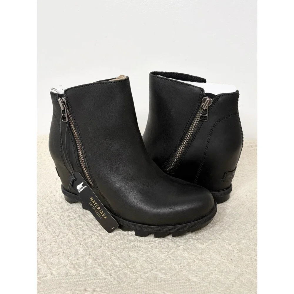 NIB Sorel Joan Of Arctic Wedge II Zip Bootie Black Leather 6.5